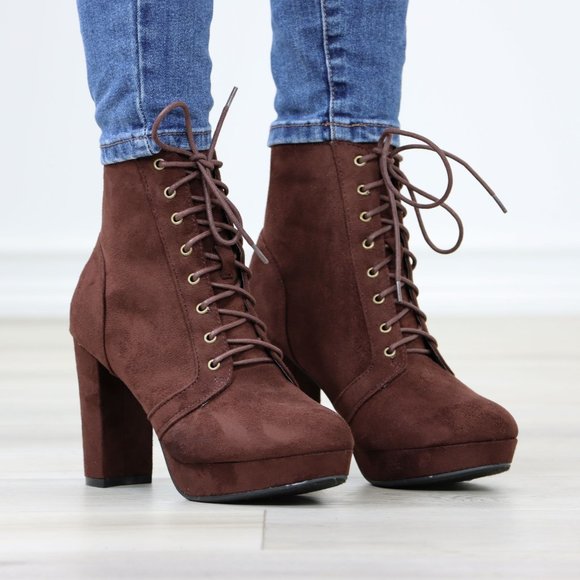 Shoes - Brown Faux Suede Lace-Up Block High Heeled Platform Ankle Boots